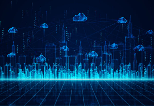 Digital City and cloud computing using artificial intelligence, 5g high-speed connection data analysis. Digital data network connections and global communication background.