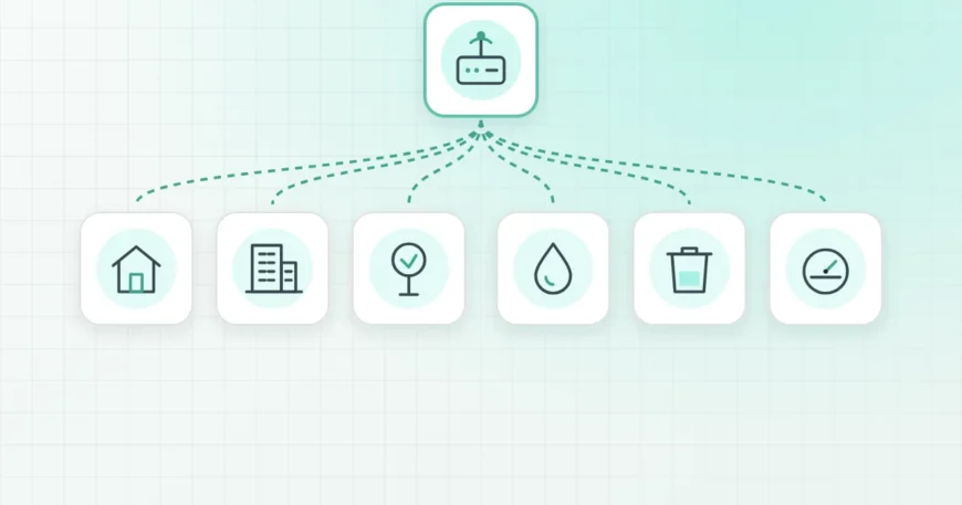 Illustration of a LoRaWAN gateway linking homes, towers, irrigation, water meters, waste bins and energy meters in a smart community